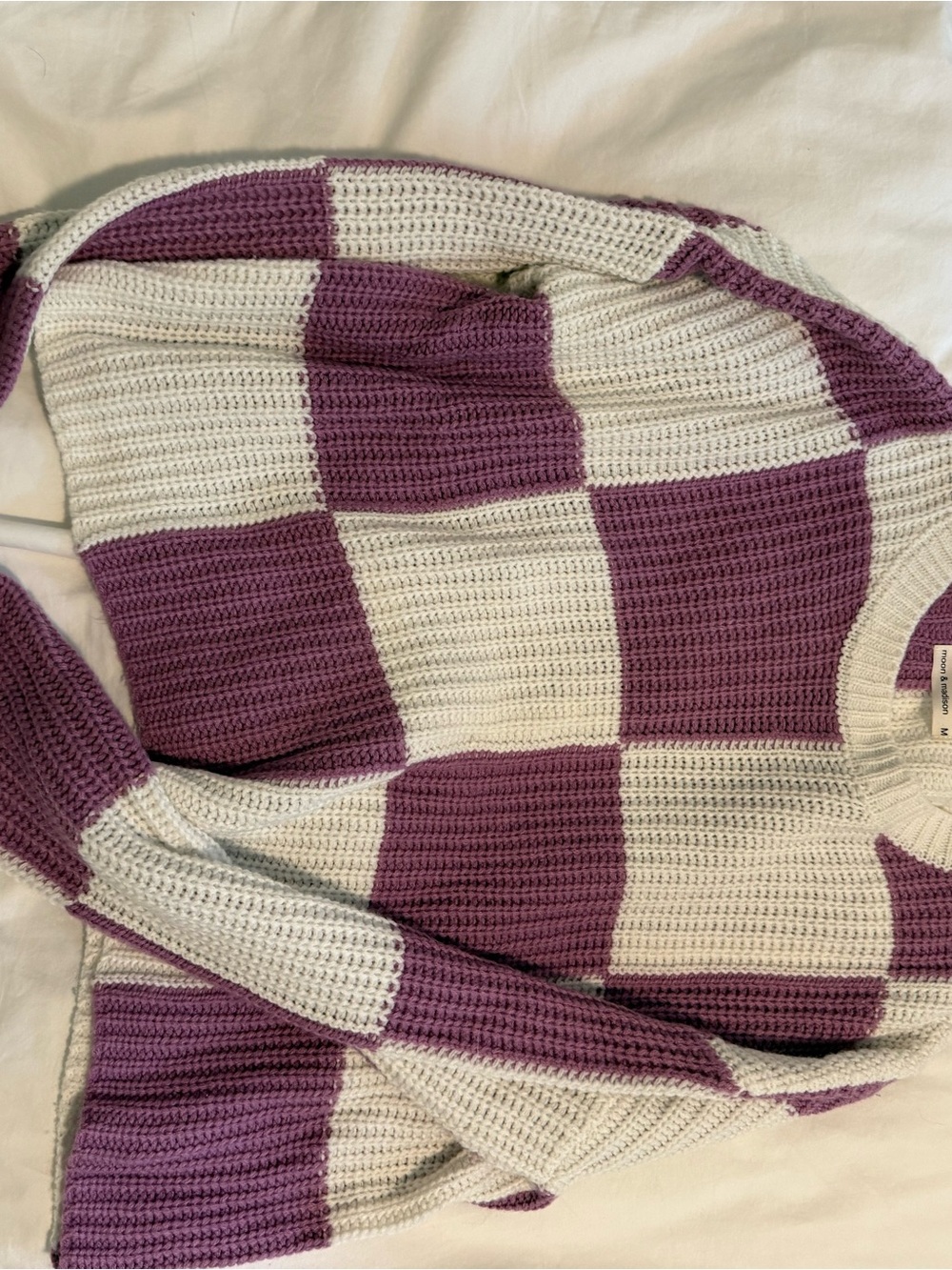 moon & madison Purple and Cream Checkerboard Crew Sweater